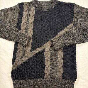 Sweater Men MEDIUM BLK GRY ABLSTRACT Fisherman Chunky Knit VINTAGE PETER ENGLAND